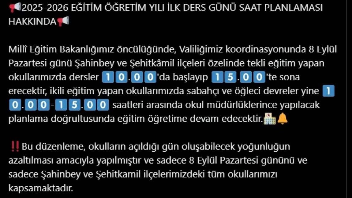 Öğrenci ve Velilerimizin Dikkatine - Gaziantep Valiliği Duyurusu